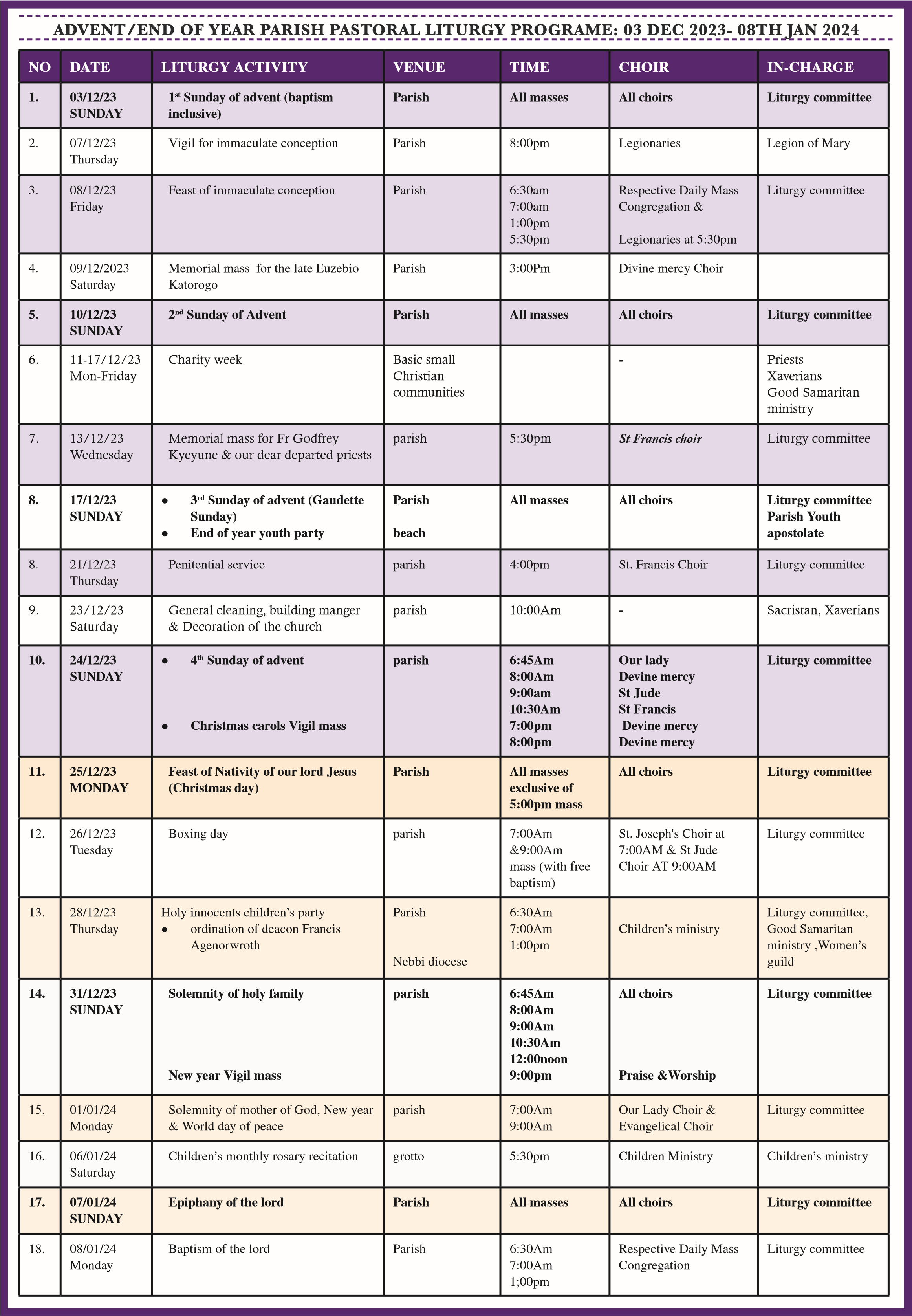 ADVENT/END OF YEAR PARISH PASTORAL LITURGY PROGRAME