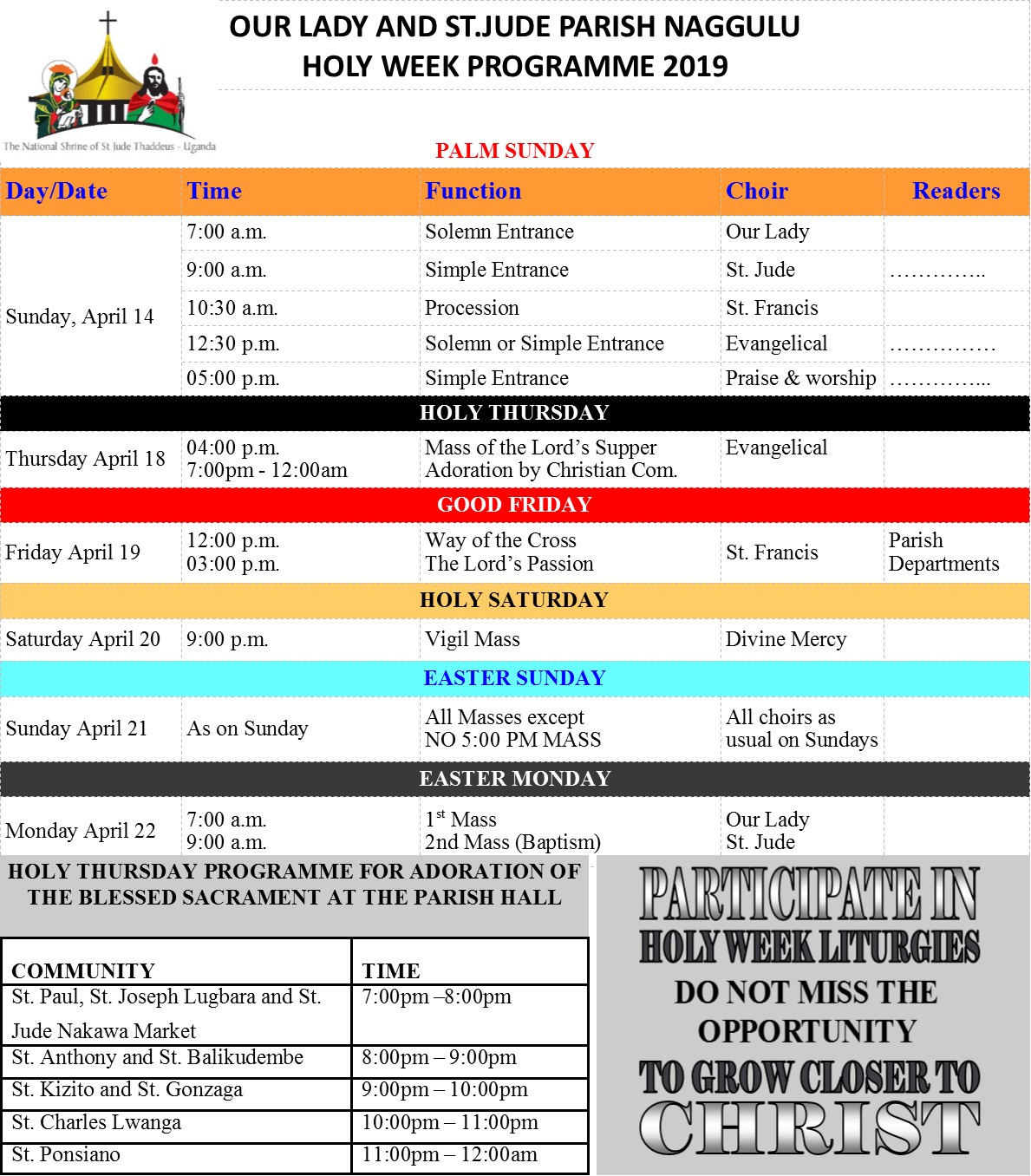 HOLY WEEK PROGRAMME 2019